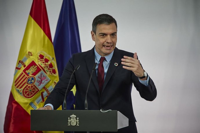 El presidente del Gobierno, Pedro Sánchez, interviene durante la presentación del plan 'Pueblos con Futuro: un plan para la cohesión y transformación del país, en la Sala Barceló del Palacio de la Moncloa, a 22 de mayo de 2021, en Madrid, España. Este 