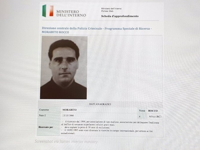 Archivo - Ficha de información de Rocco Morabito del Ministerio del Interior italiano