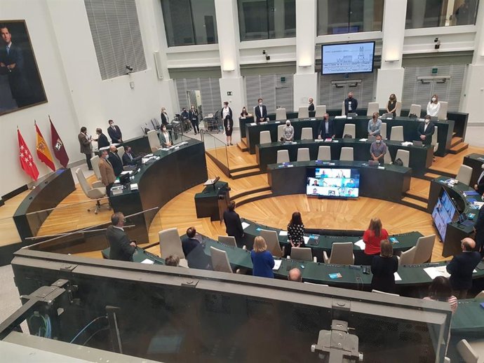 Vista panorámica del Pleno del Ayuntamiento de Madrid guardando un minuto de silencio ante la avalancha de asesinatos machistas