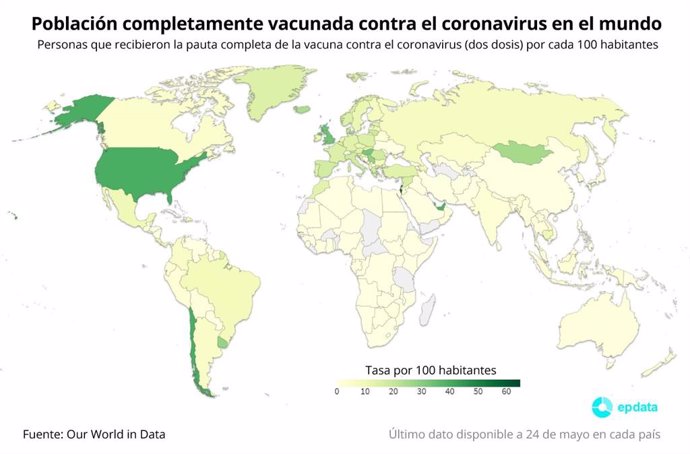 Mapa con población completamente vacunada contra el coronavirus en el mundo a 24 de mayo