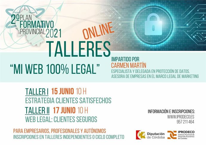 Cartel del ciclo de talleres online y gratuitos 'Mi web 100% legal'.