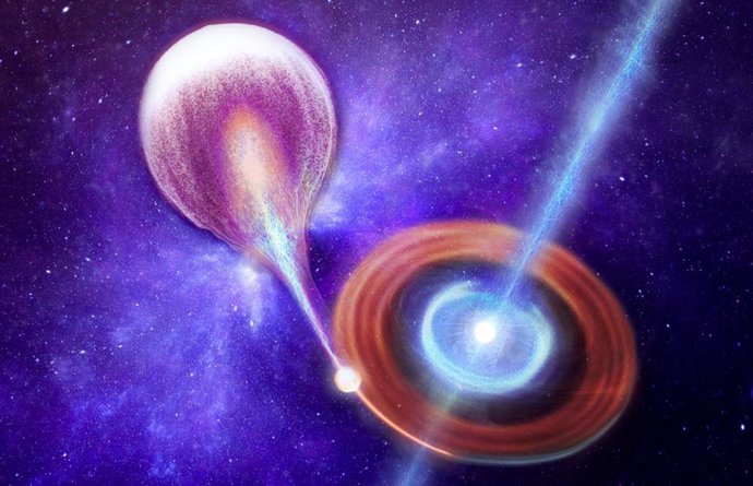Una estrella de neutrones densa (derecha) que extrae materia de una estrella cercana (izquierda).