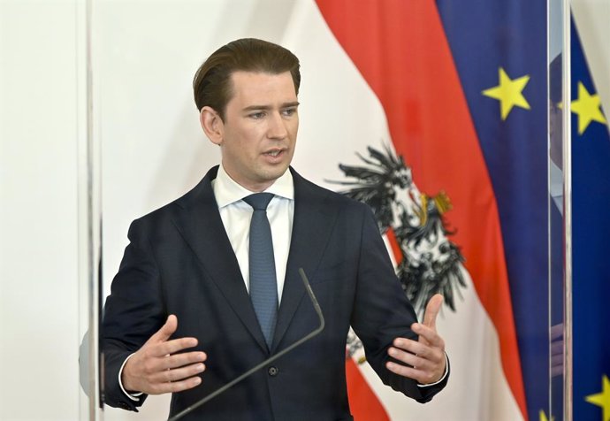 20 May 2021, Austria, Vienna: Austrian Chancellor Sebastian Kurz speaks during a press conference at the Federal Chancellery, following a meeting with experts on the coronavirus situation. Photo: Herbert Neubauer/APA/dpa