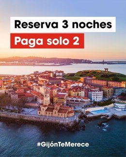 Cartel anunciador de la campaña 'Gijón te merece', tres noches al precio de dos, lanzada por Divertia