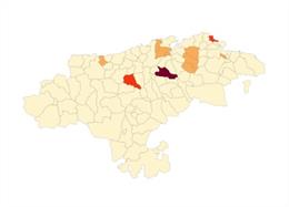 Semáforo Covid en Cantabria, según la última actualización de Sanidad. Los municipios en color más oscuro son aquellos con mayor transmisión.
