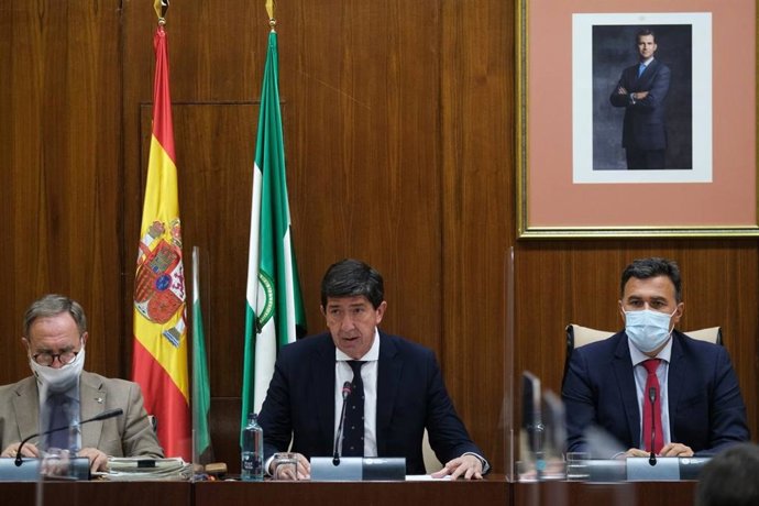 El vicepresidente de la Junta y consejero de Turismo, Regeneración, Justicia y Administración Local, Juan Marín, en comisión parlamentaria.