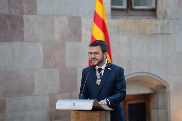 El presidente de la Generalitat, Pere Aragonès, en el acto del lunes de toma de posesión del cargo.