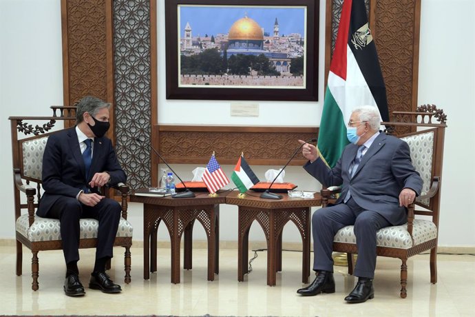 25 May 2021, Palestinian Territories, Ramallah: Palestinian President Mahmoud Abbas meets with US Secretary of State Anthony Blinken in the West Bank city of Ramallah. Photo: Thaer Ganaim/APA Images via ZUMA Wire/dpa