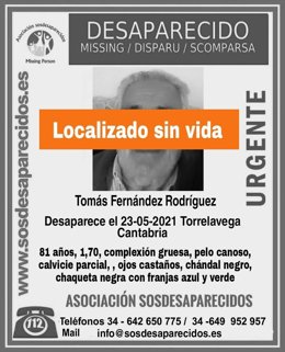 Cartel informativo sobre el hombre de 81 años que ha sido localizado sin vida en el río Saja, en Torrelavega.