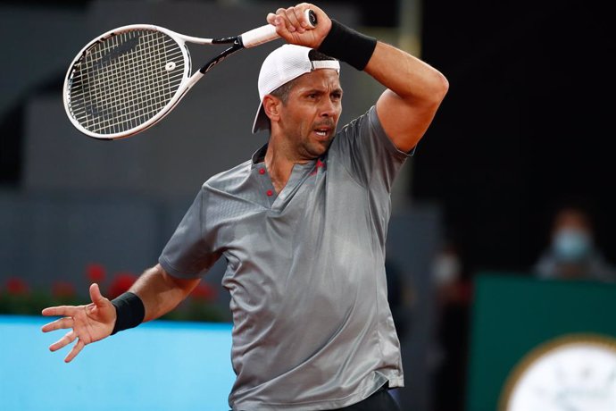 Fernando Verdasco of Spain in action during his Men's Singles match, round of 64, against Cristian Garin of Chile on the ATP Masters 1000 - Mutua Madrid Open 2021 at La Caja Magica on May 3, 2021 in Madrid, Spain.