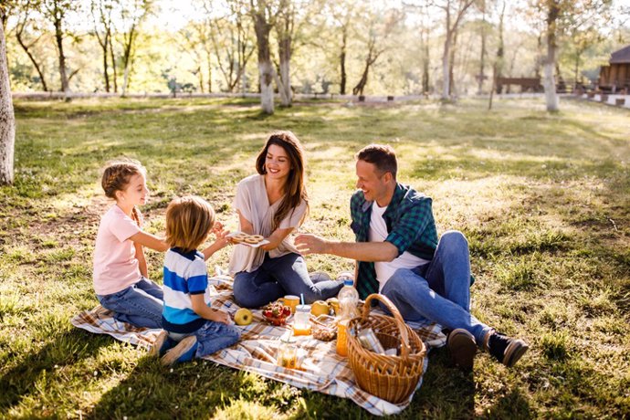 Archivo - Familia feliz, picnic campo, pribavera. Comida saludable.