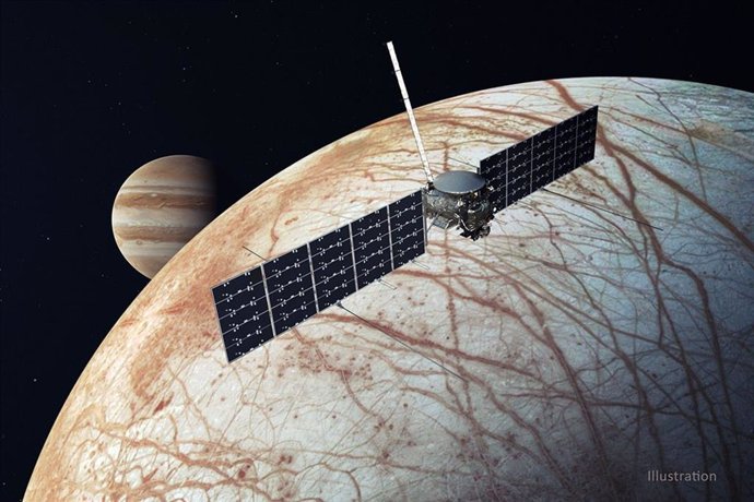 Representación artística de la misión Europa Clipper, cuyo lanzamiento a Europa, la luna de Júpiter, está previsto para 2024