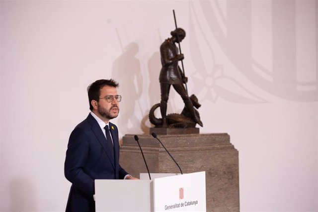 El presidente de la Generalitat, Pere Aragonès, en el discurso durante el acto de toma de posesión de los nuevos consellers.