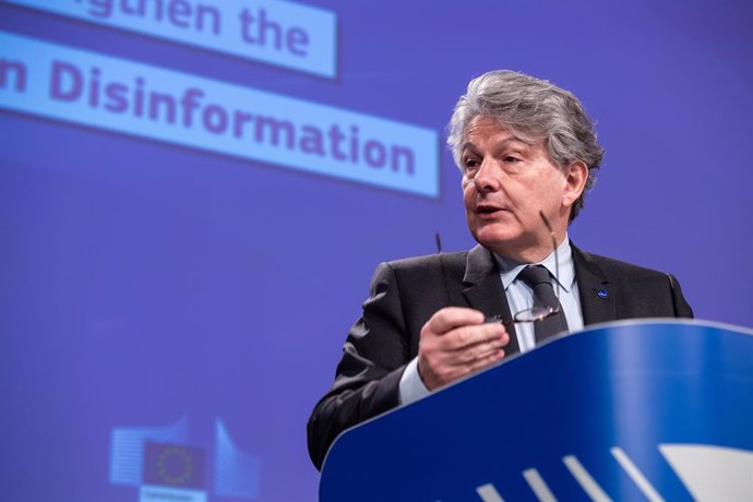 HANDOUT - 26 May 2021, Belgium, Brussels: European Commissioner for Internal Market Thierry Breton speaks during a press conference on the guidance for strengthening the code of practice on disinformation at the EU headquarters. Photo: Lukasz Kobus/Euro