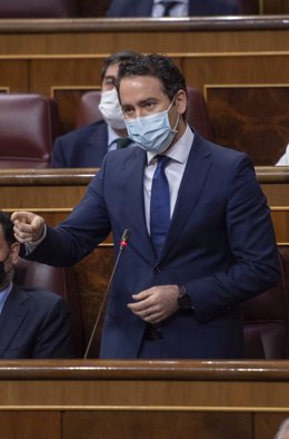 El secretario de Organización del PP, Teodoro García Egea, interviene en una sesión de control al Gobierno, a 19 de mayo de 2021, en el Congreso de los Diputados, Madrid, (España).