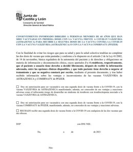 Consentimiento firmado disponible en la web de la Junta para las personas menores de 60 años que recibieron la primera dosis de Astra Zeneca.