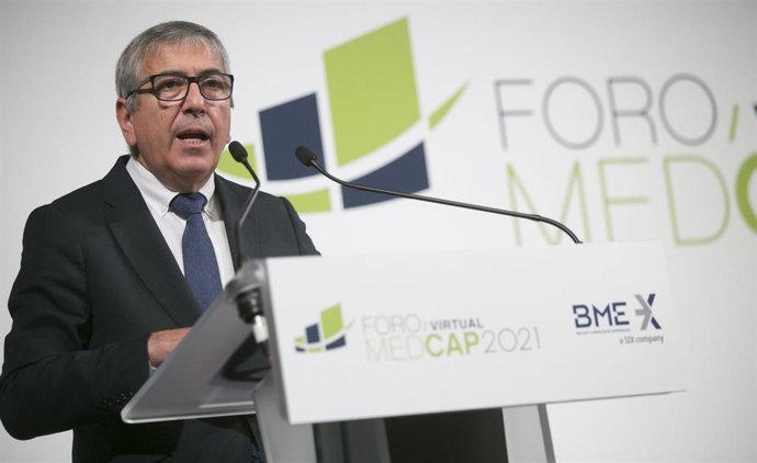 El presidente del Instituto de Crédito Oficial (ICO), José Carlos García de Quevedo, durante su intervención el 27 de mayo de 2021 en el Foro MedCap 2021 organizado por Bolsas y Mercados Españoles (BME)