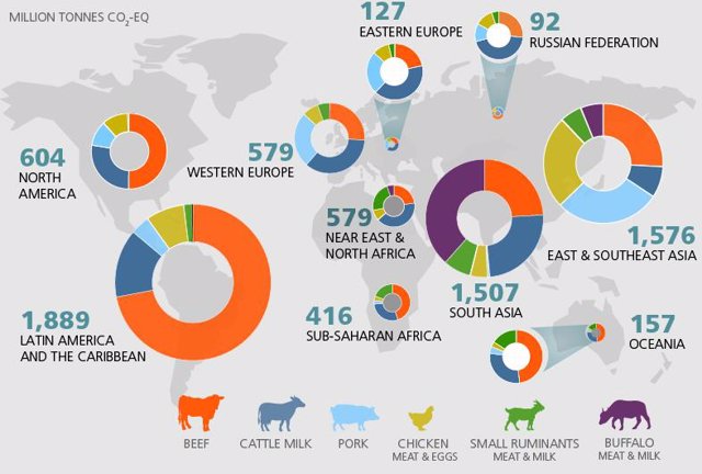 Las emisiones de gases de efecto invernadero de la producción ganadera varían mucho en diferentes partes del mundo debido a las prácticas agrícolas, así como al número, tipo y producto alimenticio de animales.