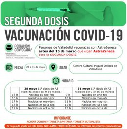Convocatoria en Valladolid para vacunación de segunda dosis dirigida a personas inoculadas con AstraZeneca antes del 15 de marzo.