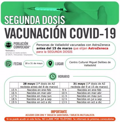 Sacyl cita desde mañana en Valladolid para 2ª dosis a vacunados con  AstraZeneca que elijan el mismo suero