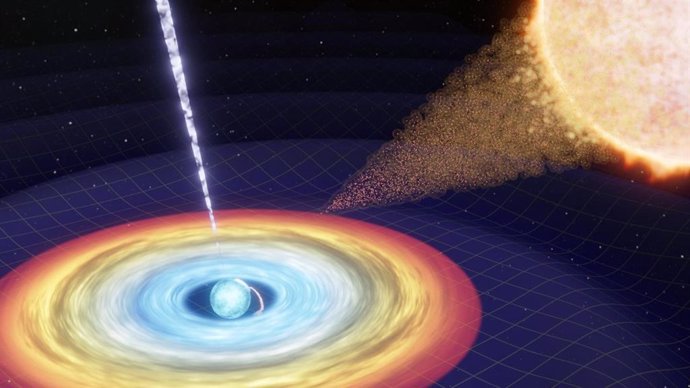 Impresión artística de ondas gravitacionales continuas generadas por una estrella de neutrones asimétrica que gira.