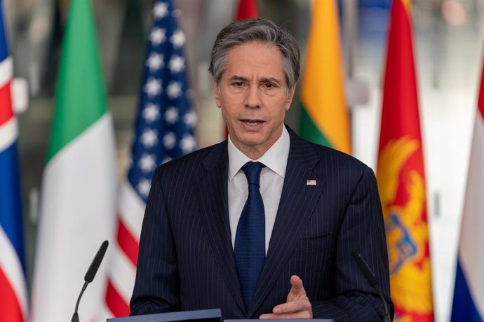 Archivo - HANDOUT - 24 March 2021, Belgium, Brussels: US Secretary of State Antony Blinken delivers remarks on the second day of the NATO foreign ministers meeting at NATO headquarters. Photo: Ron Przysucha/US Department of State/dpa - ATTENTION: editor