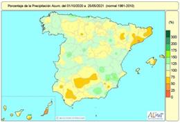 Precipitaciones acumuladas en España entre el 1 de octubre de 2020 hasta el 25 de mayo de 2021.
