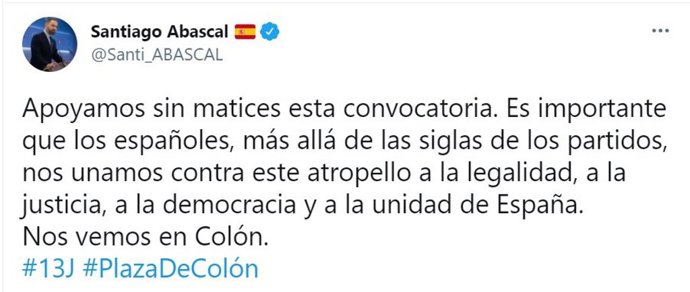 Tweet del presidente de Vox, Santiago Abascal, en apoyo a la concentración en contra de los indultos