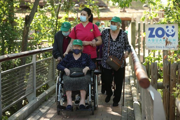 Varios ancianos de residencias junto a una trabajadora de visita en el Zoo.