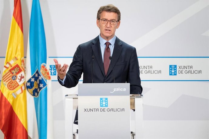O titular do Goberno galego, Alberto Núñez Feijóo, durante a rolda de prensa posterior á reunión semanal do Consello da Xunta. San Caetano, Santiago de Compostela, 26/05/21.