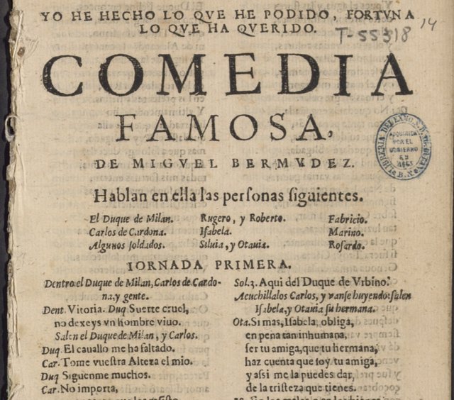 Archivo - Portada de la comedia descubierta en la BNE atribuida a Lope de Vega