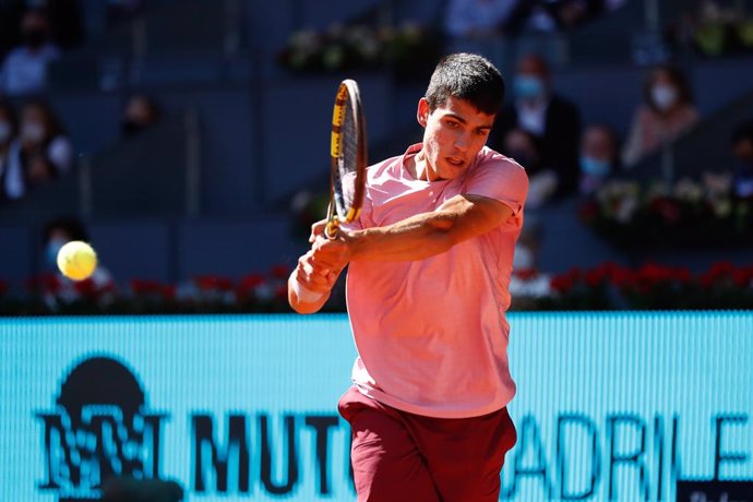 Carlos Alcaraz of Spain in action during his Men's Singles match, round of 32, against Rafael Nadal of Spain on the ATP Masters 1000 - Mutua Madrid Open 2021 at La Caja Magica on May 5, 2021 in Madrid, Spain.
