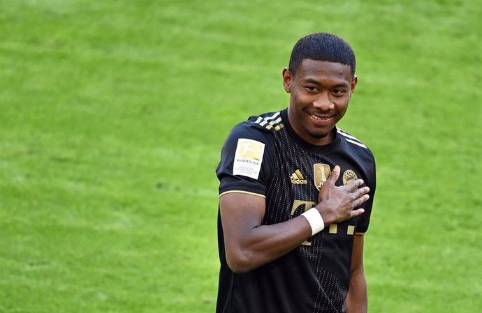 22 May 2021, Bavaria, Munich: Munich's David Alaba reacts during his farewell before the start of the German Bundesliga soccer match between FC Bayern Munich and FC Augsburg at Allianz Arena. Photo: Sven Hoppe/dpa-Pool/dpa - IMPORTANT NOTICE: DFL and DF
