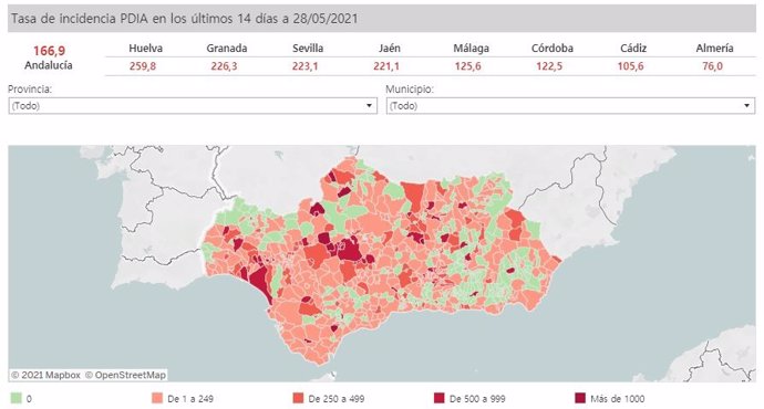 Mapa de Andalucía con nivel de incidencia de Covid-19 por municipios a 28 de mayo de 2021