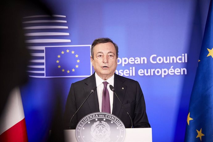 HANDOUT - 25 May 2021, Belgium, Brussels: Italian Prime Minister Mario Draghi speaks at a press conference during the second day of the special EU summit. Photo: Mario Salerno/EU Council/dpa - ATTENTION: editorial use only and only if the credit mention