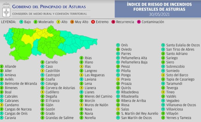Índice De Riesgo De Incendio Forestal En Asturias A 29 De Mayo.