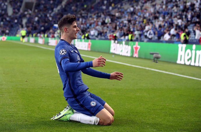 29 May 2021, Portugal, Porto: Chelsea's Kai Havertz celebrates scoring his side's first goal during the UEFA Champions League final soccer match between Manchester City and Chelsea at the Estadio do Dragao. Photo: Nick Potts/PA Wire/dpa