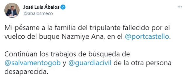 El ministro de Transportes, Movilidad y Agenda Urbana, José Luis Ábalos, traslada su pésame a la familia del tripulante fallecido tras volcar un barco en el Puerto de Castelló