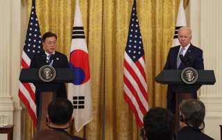 21 May 2021, US, Washington: US President Joe Biden (R) and South Korean President Moon Jae-in hold a joint press conference after their meeting at the White House. Photo: -/YNA/dpa