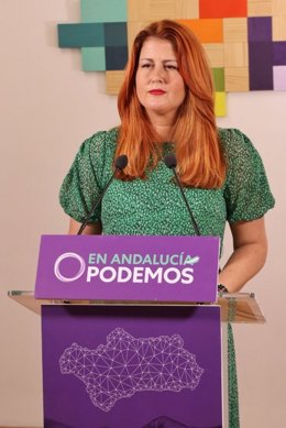 La coportavoz de Podemos Andalucía, Susana Serrano, este lunes en rueda de prensa.