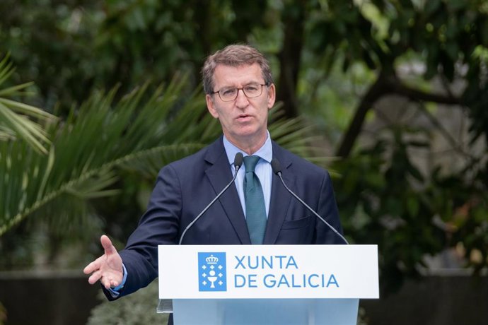 El presidente de la Xunta, Alberto Núñez Feijóo, en el acto de presentación de la campaña turística 'Camiña a Galicia', en el Hotel Pazo Los Escudos de Vigo.