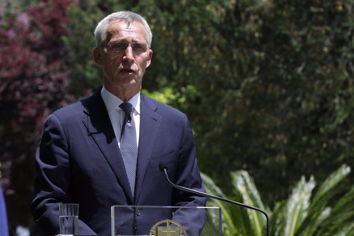 HANDOUT - 26 May 2021, Portugal, Lisbon: NATO Secretary General Jens Stoltenberg speaks during a joint press conference with Portuguese Prime Minister Antonio Costa (Not Pictured)following their meeting at the Sao Bento Palace in Lisbon. Photo: -/NATO/