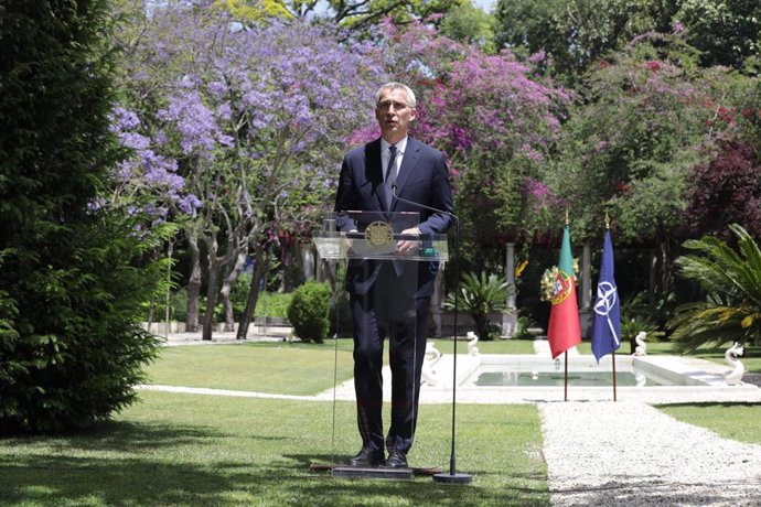 HANDOUT - 26 May 2021, Portugal, Lisbon: NATO Secretary General Jens Stoltenberg speaks during a joint press conference with Portuguese Prime Minister Antonio Costa (Not Pictured)following their meeting at the Sao Bento Palace in Lisbon. Photo: -/NATO/