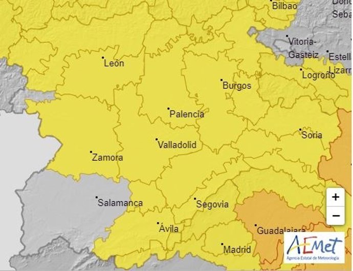 Mapa elaborado por la Aemet sobre la previsión de lluvias y tormentas en CyL para este martes, 1 de junio