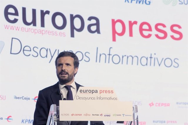 El president del Partit Popular, Pablo Casado, intervé en un Esmorzar Informatiu d'Europa Press, a 1 de juny de 2021, a l'Auditori El Beatriz Madrid, Madrid, (Espanya). 