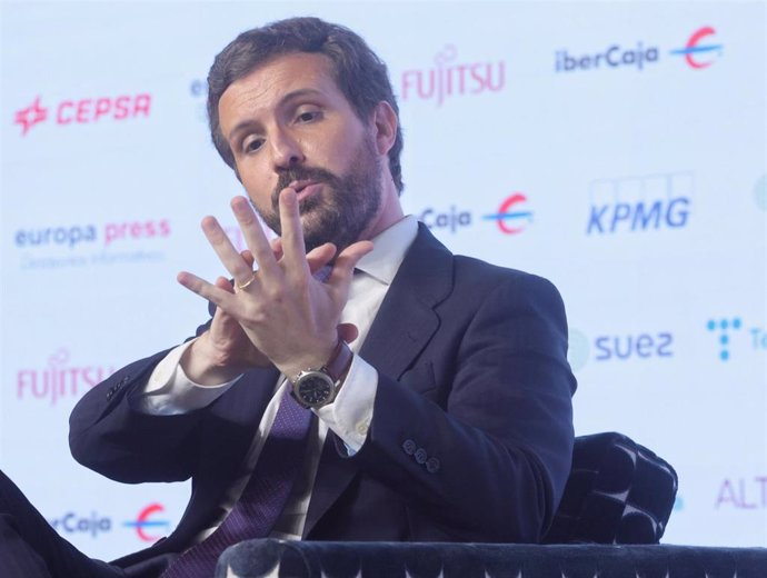 El presidente del Partido Popular, Pablo Casado, interviene en un Desayuno Informativo de Europa Press, a 1 de junio de 2021, en el Auditorio "El Beatriz Madrid", Madrid, (España). 