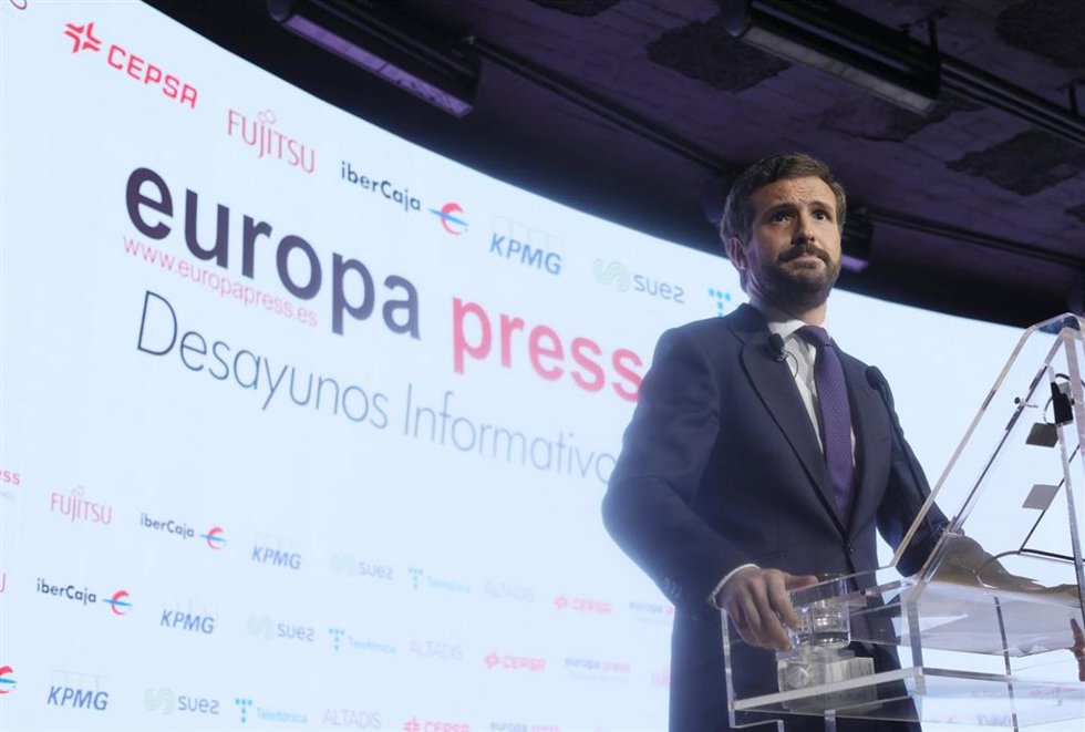 El presidente del Partido Popular, Pablo Casado, interviene en un Desayuno Informativo de Europa Press, a 1 de junio de 2021, en el Auditorio "El Beatriz Madrid", Madrid, (España). Su intervención se produce en medio de la polémica abierta por la posibl