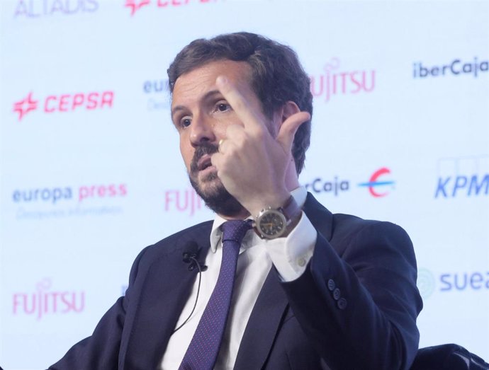 El presidente del Partido Popular, Pablo Casado, interviene en un Desayuno Informativo de Europa Press, a 1 de junio de 2021, en el Auditorio "El Beatriz Madrid", Madrid, (España). Su intervención se produce en medio de la polémica abierta por la posibl