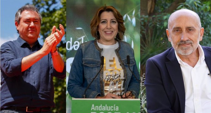 Los tres candidatos que disputarán las primarias en el PSOE andaluz de izda a dcha, Juan Espada, Susana Díaz y Luis Ángel Hierro.