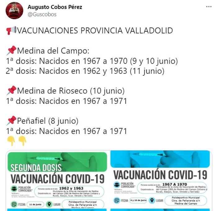 Tuit del delegado territorial de la Junta en Valladolid sobre las últimas citaciones para vacunación en la provincia.